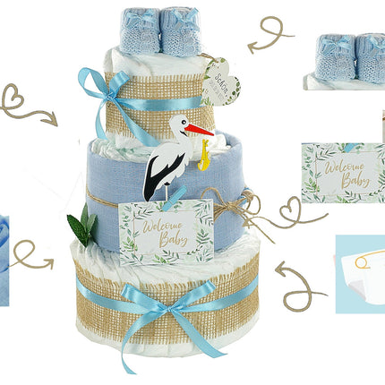 Windeltorte Storch mit Bündel | inkl. Babybooties und Mullwindel | blau