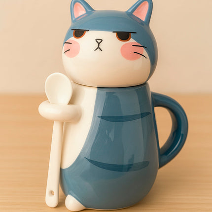 Schmuck Duftkerze mit Motiv Katze, in Keramiktasse mit Deckel und Löffel