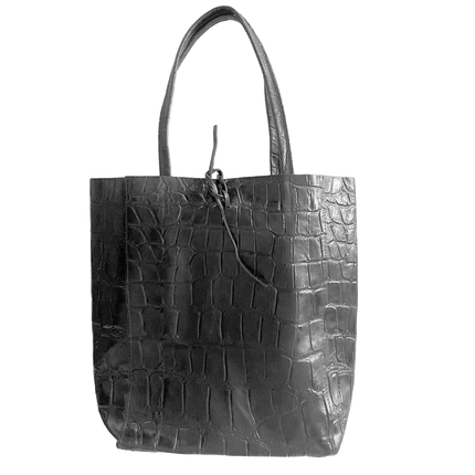 Leder Shopper mit Innentasche Kroko Schwarz