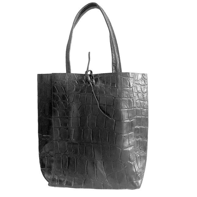 Leder Shopper mit Innentasche Kroko Schwarz