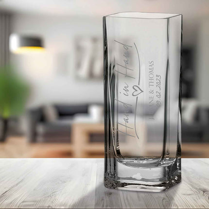 SEO. Blumenvase mit Gravur - Hand in Hand - Personalisiert mit Namen und Datum - Deko Vase als Geschenk - 20 x 8 cm Linkreich