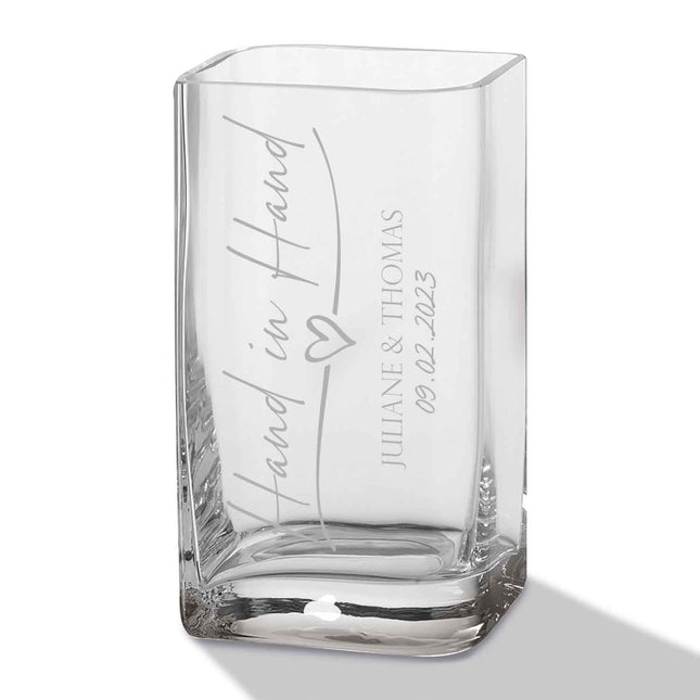 SEO. Blumenvase mit Gravur - Hand in Hand - Personalisiert mit Namen und Datum - Deko Vase als Geschenk - 20 x 11 cm Linkreich