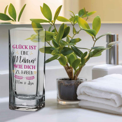 SEO. Blumenvase mit UV Druck - Glück ist - Personalisiert mit Namen - Deko Vase als Geschenk - Mama Linkreich