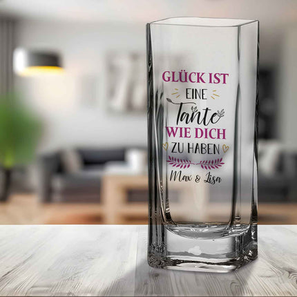 SEO. Blumenvase mit UV Druck - Glück ist - Personalisiert mit Namen - Deko Vase als Geschenk - Tante Linkreich