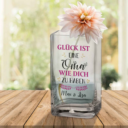 SEO. Blumenvase mit UV Druck - Glück ist - Personalisiert mit Namen - Deko Vase als Geschenk - Oma Linkreich