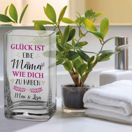 SEO. Blumenvase mit UV Druck - Glück ist - Personalisiert mit Namen - Deko Vase als Geschenk - Mama Linkreich