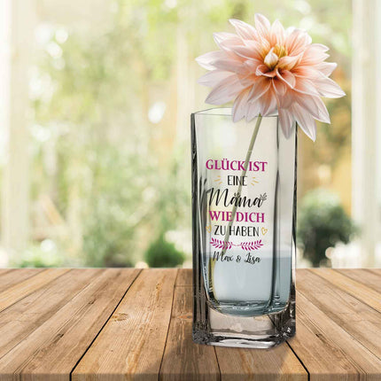 SEO. Blumenvase mit UV Druck - Glück ist - Personalisiert mit Namen - Deko Vase als Geschenk - Mama Linkreich