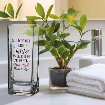 SEO. Blumenvase mit UV Druck - Glück ist - Personalisiert mit Namen - Deko Vase als Geschenk - Tante Linkreich
