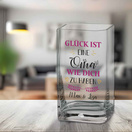 SEO. Blumenvase mit UV Druck - Glück ist - Personalisiert mit Namen - Deko Vase als Geschenk - Oma Linkreich