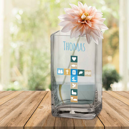 SEO. Blumenvase mit UV - Druck - Kommunion - Personalisiert mit Namen - Deko Vase als Geschenk - 20 x 11 cm Linkreich