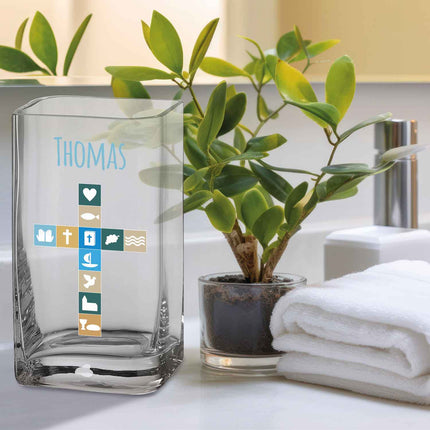 SEO. Blumenvase mit UV - Druck - Kommunion - Personalisiert mit Namen - Deko Vase als Geschenk - 20 x 11 cm Linkreich