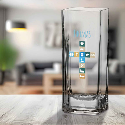SEO. Blumenvase mit UV - Druck - Kommunion - Personalisiert mit Namen - Deko Vase als Geschenk - 20 x 8 cm Linkreich