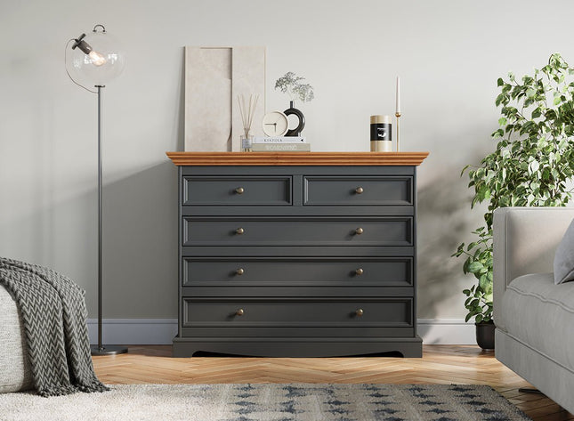 SEO. Bologna Elegante Massivholz Kiefer 5 Schubladen Kommode | Farbe Graphit - Eiche - Linkreich