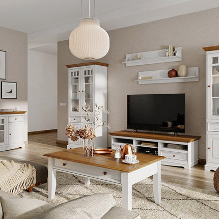 SEO. Bologna Elegante Massivholz Kiefer Couchtisch | Farbe Weiß - Eiche - Linkreich