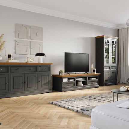 SEO. Bologna Elegante Massivholz Kiefer große TV - Schrank Kommode | Farbe Graphit - Eiche - Linkreich