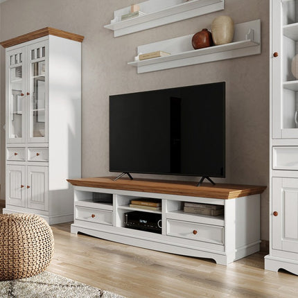 SEO. Bologna Elegante Massivholz Kiefer große TV - Schrank Kommode | Farbe Weiß - Eiche - Linkreich