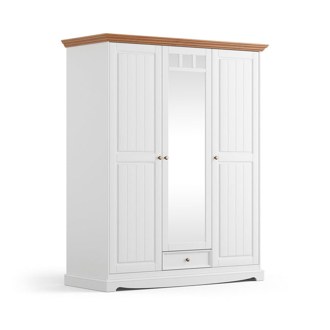 SEO. Bologna Elegante Massivholz Kiefer Kleiderschrank Spiegelschrank 3D | Farbe Weiß - Eiche - Linkreich