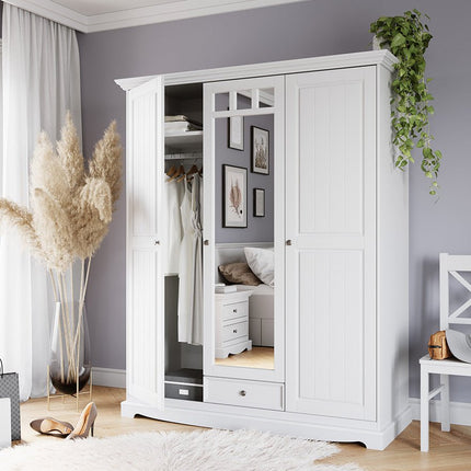 SEO. Bologna Elegante Massivholz Kiefer Kleiderschrank Spiegelschrank 3D | Farbe weiß - Linkreich