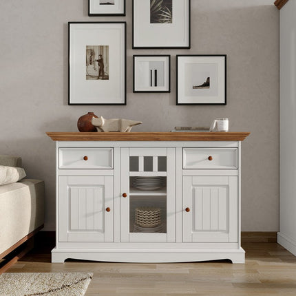 SEO. Bologna Elegante Massivholz Kiefer Kommode 3D | Farbe Weiß - Eiche - Linkreich