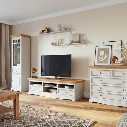 SEO. Bologna Elegante Massivholz Kiefer Kommode TV - Schrank | Farbe Weiß - Kiefer - Linkreich