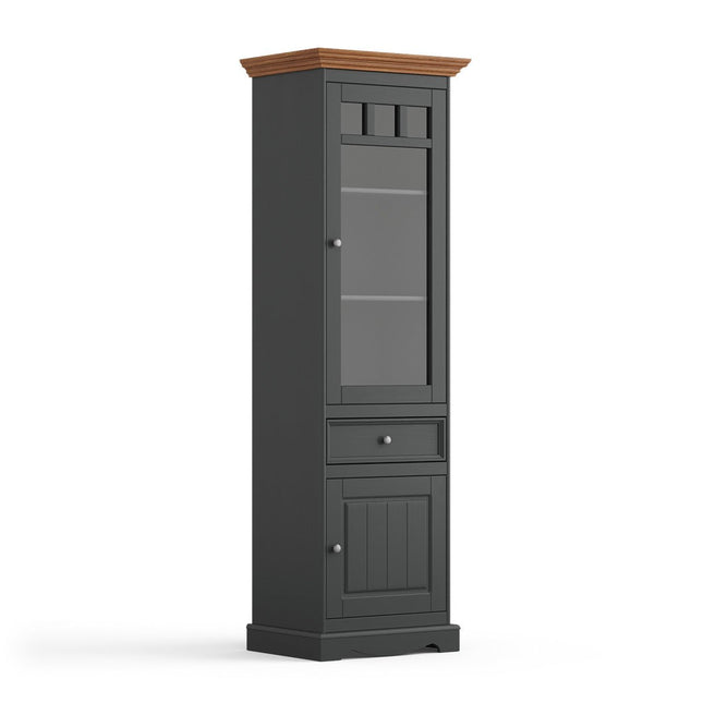SEO. Bologna Elegante Massivholz Kiefer Vitrine 1 - Türig | Farbe Graphit - Eiche - Linkreich