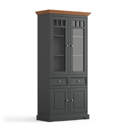 SEO. Bologna Elegante Massivholz Kiefer Vitrine 2D | Farbe Graphit - Eiche - Linkreich