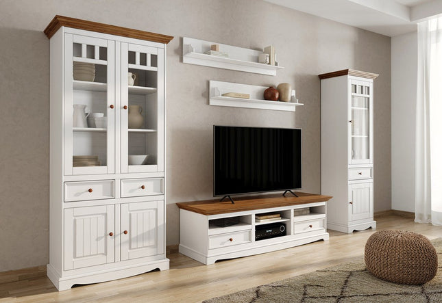 SEO. Bologna Elegante Massivholz Kiefer Vitrine 2D | Farbe Weiss - Eiche - Linkreich