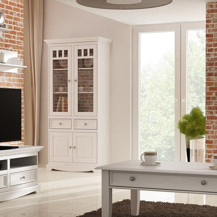 SEO. Bologna Elegante Massivholz Kiefer Vitrine 2D | Farbe weiß - Linkreich