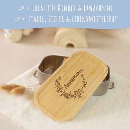 SEO. Brotdose mit graviertem Deckel für Kinder im "Floral Name" Design - Klein Linkreich