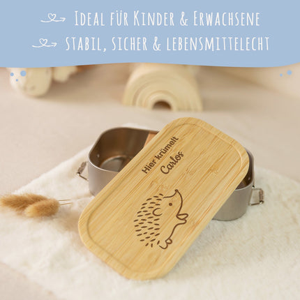 SEO. Brotdose mit graviertem Deckel für Kinder im "Igel" Design - Klein Linkreich
