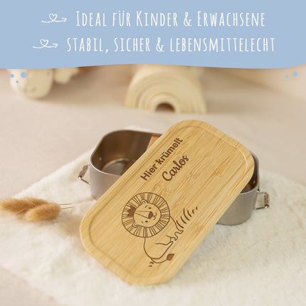 SEO. Brotdose mit graviertem Deckel für Kinder im "Löwe" Design - Klein Linkreich