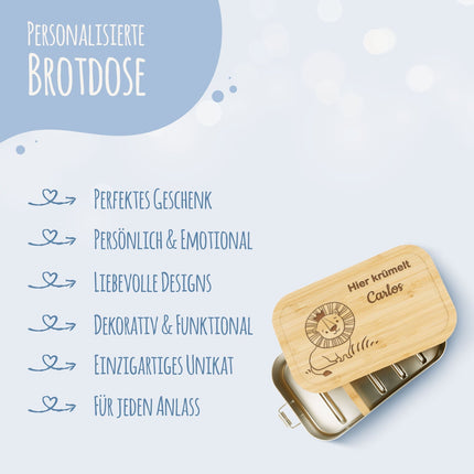 SEO. Brotdose mit graviertem Deckel für Kinder im "Löwe" Design - Klein Linkreich