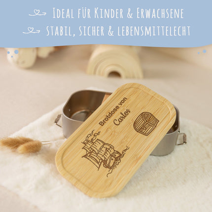 SEO. Brotdose mit graviertem Deckel für Kinder im "Piraten" Design - Klein Linkreich