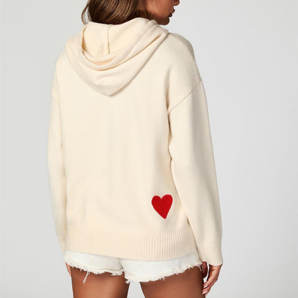 Heart Embroidery Knitted Hoodie In Cream