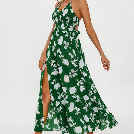 Floral Print Tie Halterneck Back Detail Maxi Dress In Green