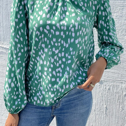 Animal Print Frill Detail High Neck Top In Green