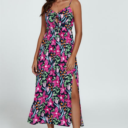 Floral Print Tie Front Maxi Dress In Black