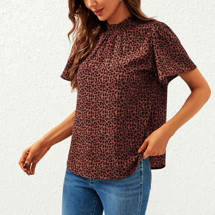 Leopard Print Angel Sleeve High Neck Top/Blouse In Rusty