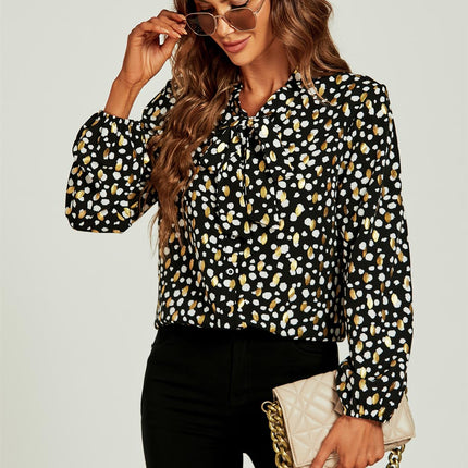 Gold Foil Leopard Print Pussybow Blouse/Top In Black