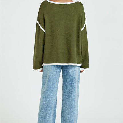 White Striped Oversized Jumper Top In Khaki Green