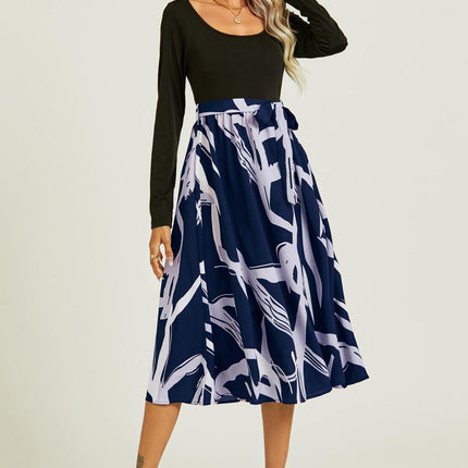 Printed 2 In 1 Midi Dress Long Sleeve Top In Navy