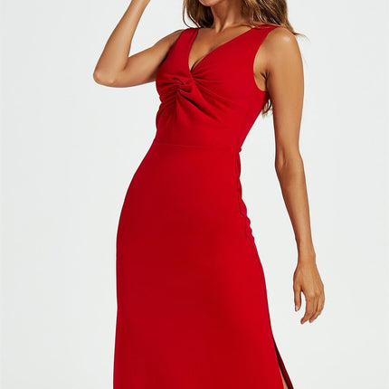 V Neck Knot Front Midi Dress In Red