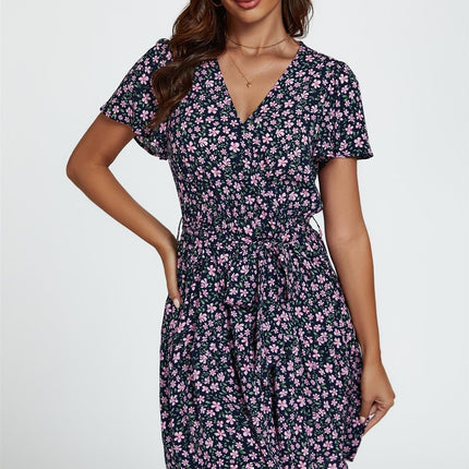 Floral Print Hem Tiered Wrap Mini Dress In Navy