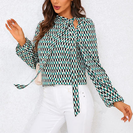 Geo Print Side Tie Blouse Top In Green