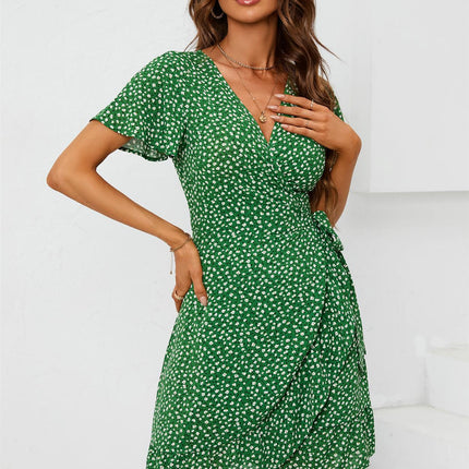 Floral Print Mini Wrap Dress In Green