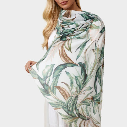 Green Leaf Print Tassel Scarf In White
