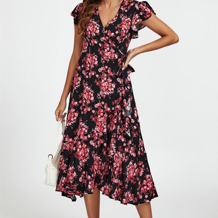 Pink Floral Frill Sleeve Midi Wrap Dress In Black