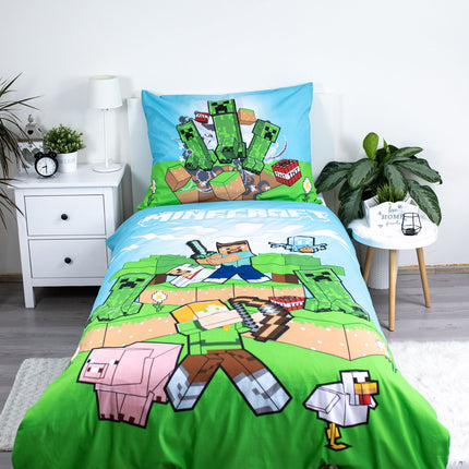 Minecraft Bettwäsche - weiche Baumwolle blau/grün 140x200 cm Kissen und Decke