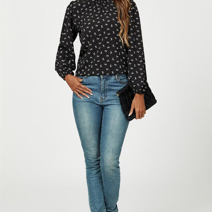 Bow Print Frill Detail High Neck Top In Black