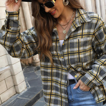 Yellow Brushed Check Oversized Pocket Detail Shacket Shirt Jacket In Grey